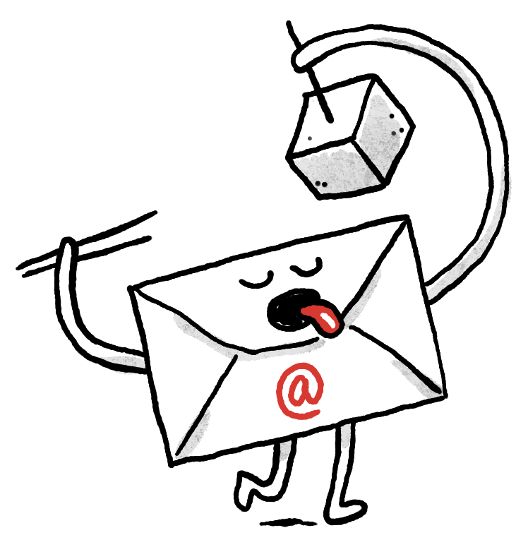 A cartoon envelope eating a cube of cheese from a toothpick