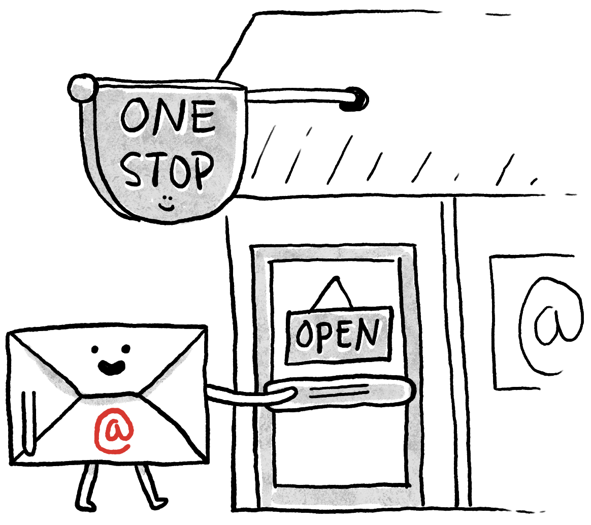 A cartoon envelope going into the One Stop Shop store